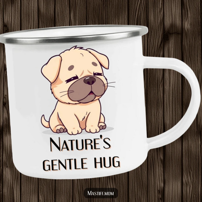 Funny Kawaii Mastiff Camping Mug: A cute, chubby dog with eyes closed, enjoying a gentle breeze, ideal for relaxed outdoor enjoyment.
