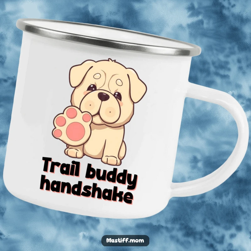Funny Kawaii Mastiff camping mug, gentle eyes, offering a giant paw for shaking, durable and humorous for outdoor enjoyment.