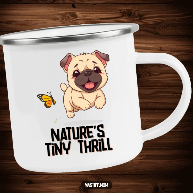 Funny Kawaii Mastiff puppy joyfully chasing a small butterfly, on a sturdy camping mug, makes a great funny gift.