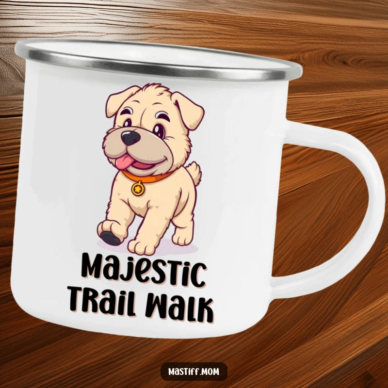 Funny kawaii Mastiff dog camping mug, designed for adventure, featuring a cute dog in a dignified walk.