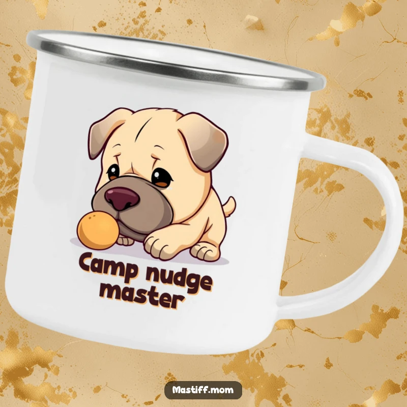 Funny Kawaii Mastiff camping mug, an enamel cup with a cute big dog gently nudging a small object, ideal for outdoors.