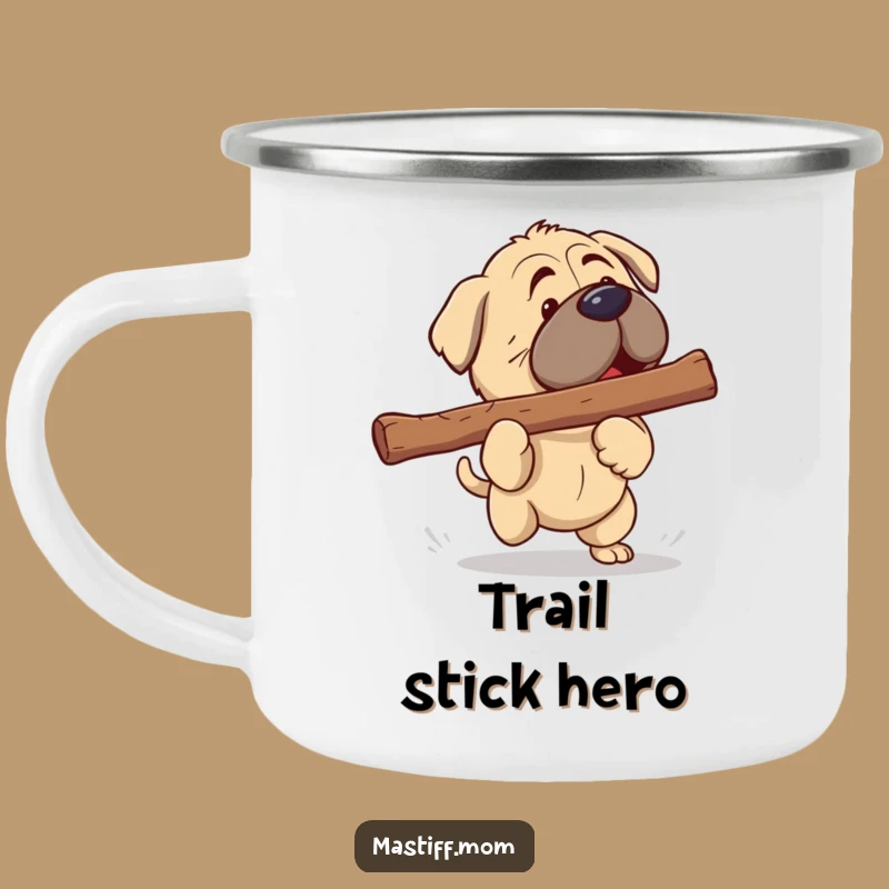 Funny Kawaii Mastiff Camping Mug: Giant Stick Fetch Adventure - Humorous Dog Outdoor Gift