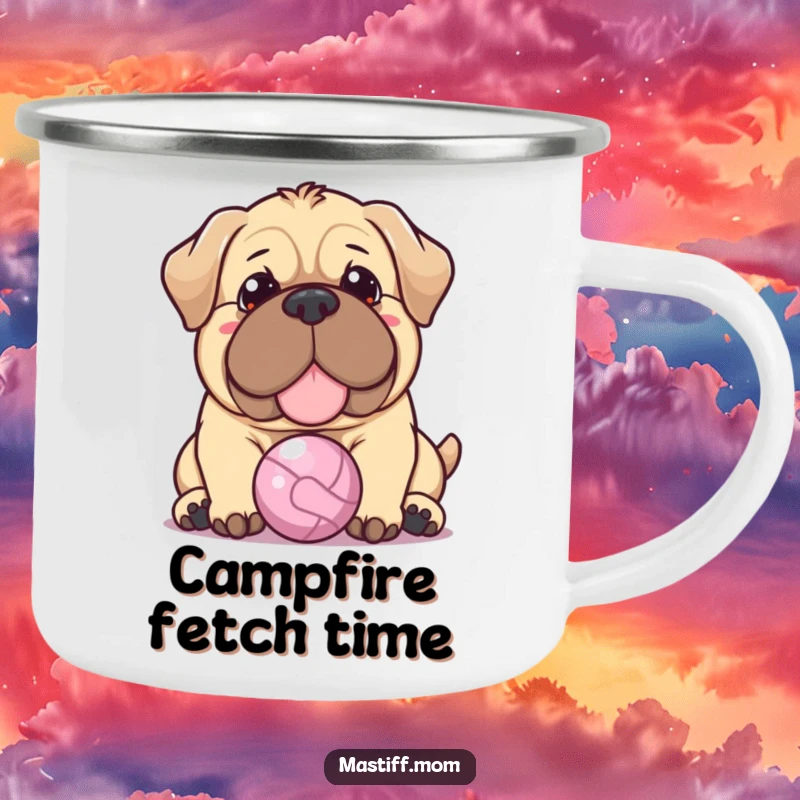 Funny Kawaii Mastiff camping mug showing a dog with a warm expression gently nudging a tiny ball, perfect for enjoying drinks outdoors.
