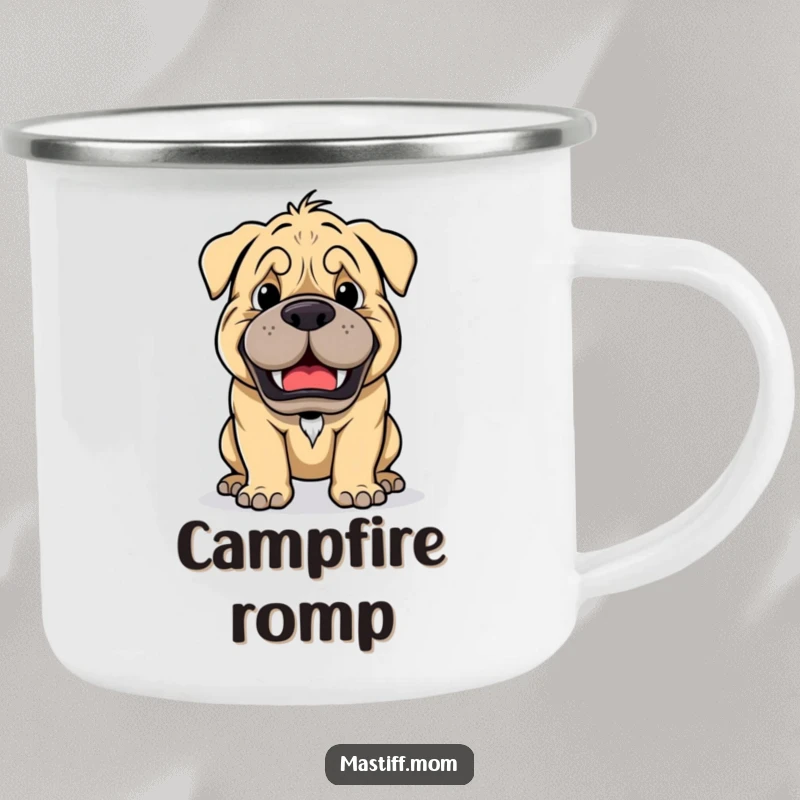Funny Kawaii Mastiff Playful Growl Ready for Game Camping Mug, enamel mug, cute dog graphic, outdoor beverage cup.