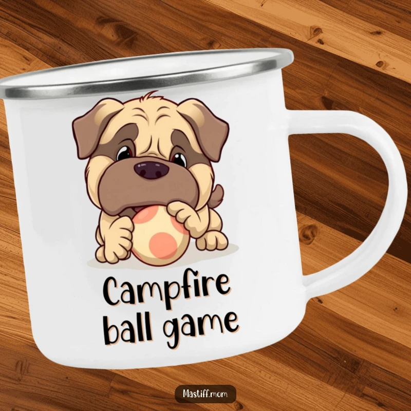 Funny, enamel camping mug with a large Mastiff character playfully nudging a bouncy ball, perfect for outdoor enthusiasts.