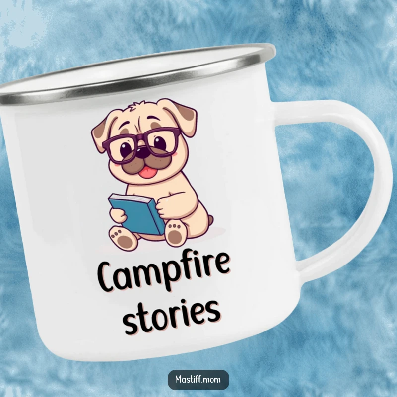 Funny Mastiff camping mug with a happy dog wearing reading glasses and holding a book.