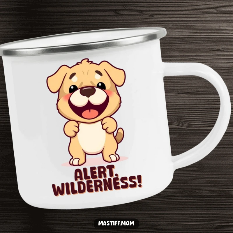 Funny Mastiff Camping Mug featuring a cute, joyful, and protective Mastiff character ready for adventure.
