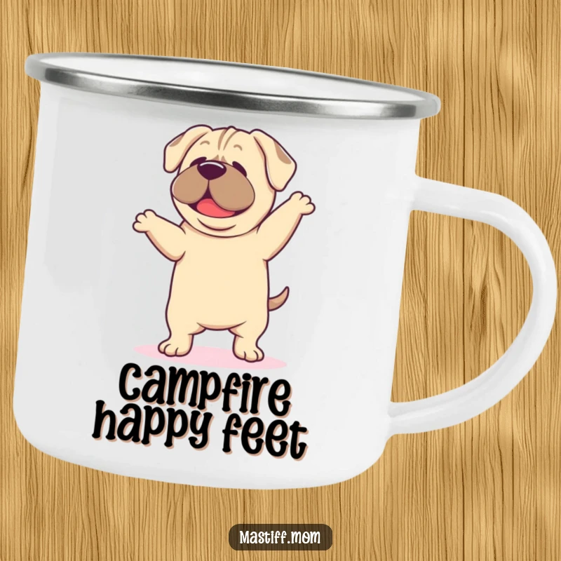 Funny Mastiff Dance Camping Mug, featuring a kawaii mastiff dancing happily with droopy ears, perfect for outdoor adventures and hot drinks.