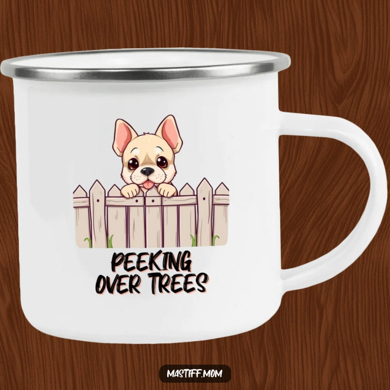 Funny, enamel camping mug with a Mastiff character playfully peeking over a comically low fence, perfect for outdoor enthusiasts.