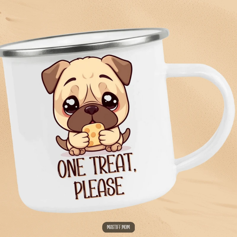 Funny Mastiff Treat Camping Mug, featuring a kawaii mastiff with pleading eyes holding one treat, perfect for outdoor adventures.