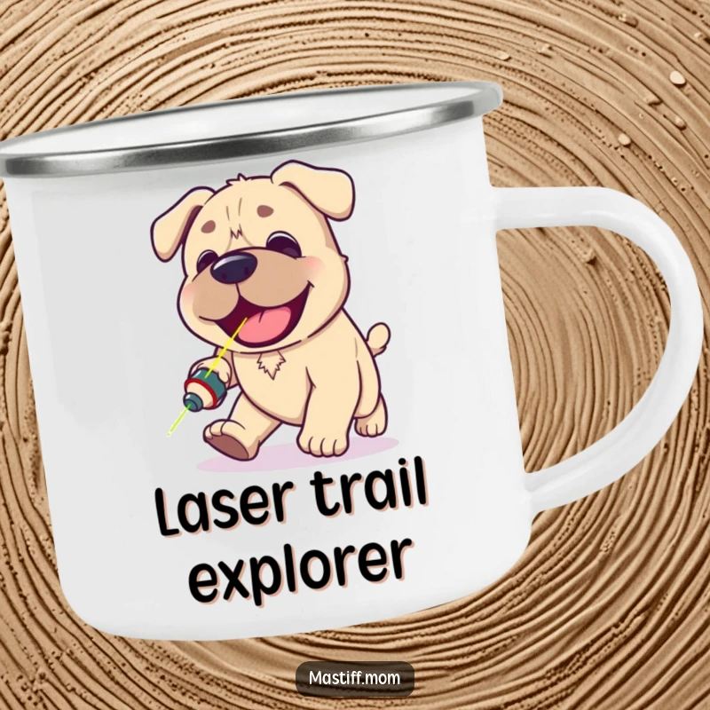 Funny Kawaii Mastiff camping mug depicting a happy panting dog hilariously chasing a red laser pointer dot, perfect for outdoor use.