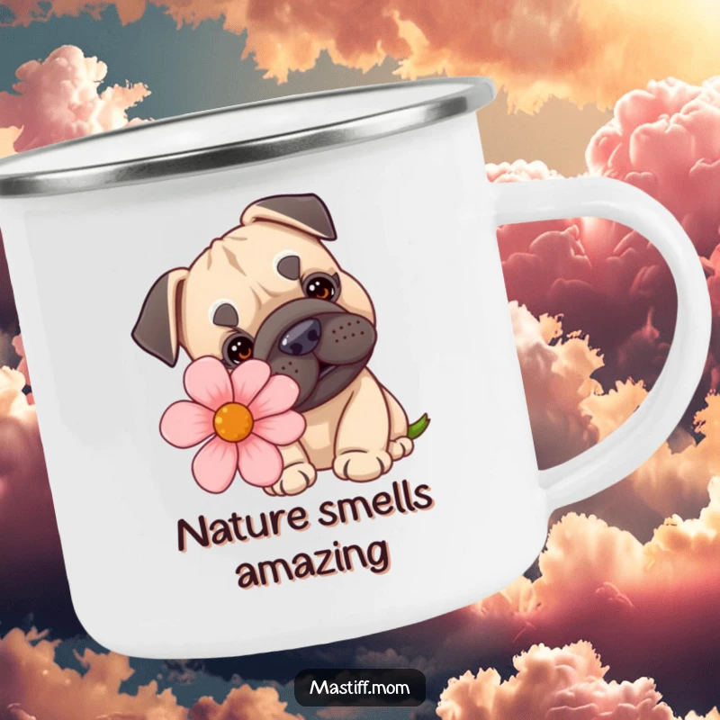 Funny, enamel camping mug with a kawaii Mastiff curiously sniffing a comically large flower, perfect for outdoor enthusiasts.