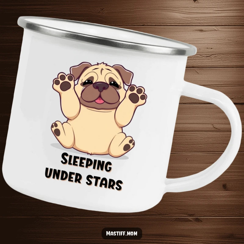 Funny Kawaii Mastiff Rolling Onto Back Paws in Air Camping Mug, enamel mug, cute dog graphic, outdoor beverage cup.