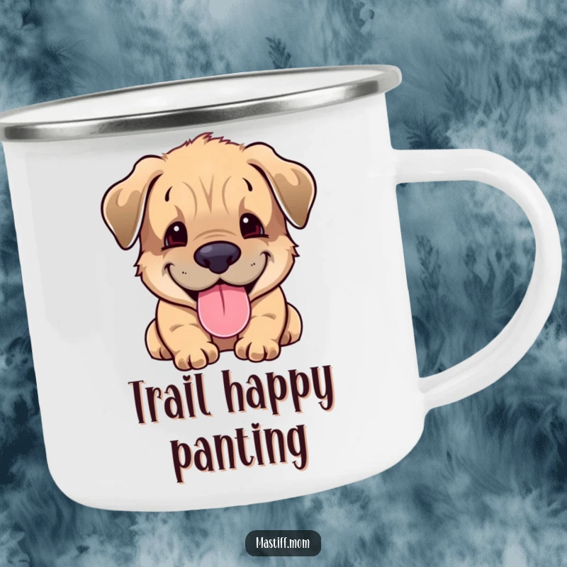 Funny Mastiff cub camping mug depicting a smiling puppy panting, ideal for outdoor adventures and happy sipping.