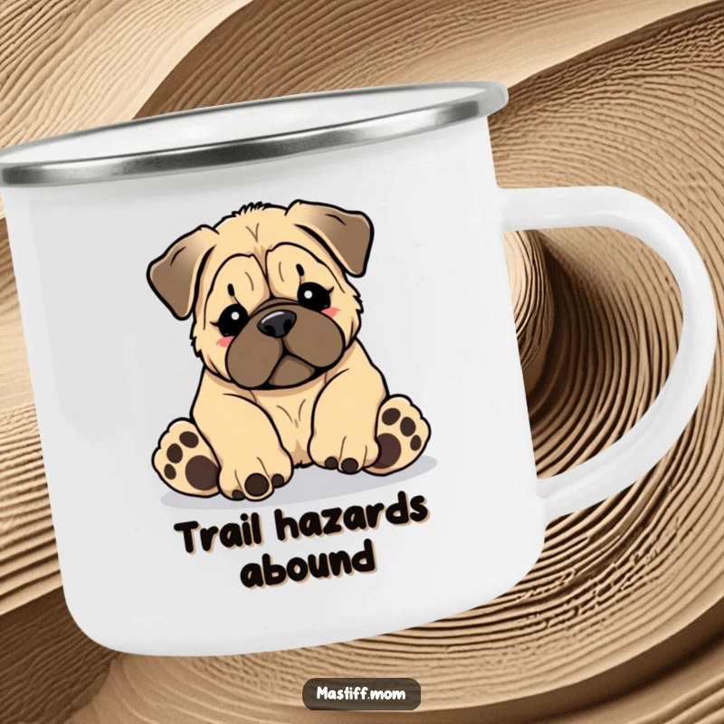 Funny Kawaii Mastiff puppy tripping over its giant paws, on a sturdy camping mug, makes a great funny gift.