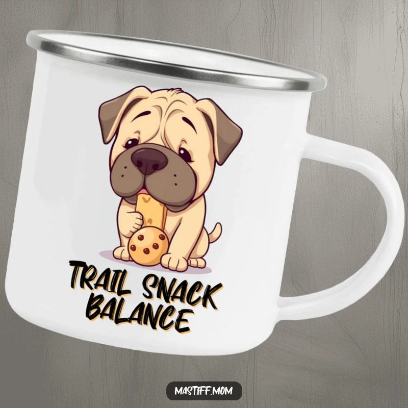 Funny Kawaii Mastiff Camping Mug: A chubby, cute dog balancing a treat on its nose, ready for outdoor enjoyment and humor.
