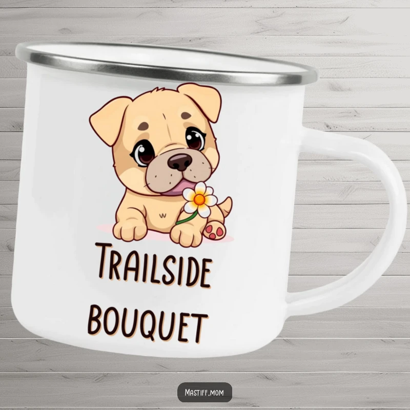 Funny Mastiff camping mug with a kind-eyed dog gently offering a beautiful flower.