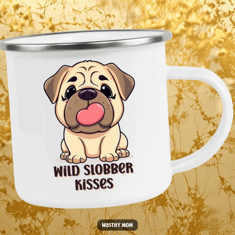 Funny Mastiff Camping Mug: Cute kawaii Mastiff giving a gentle nudge and a big slobbery kiss, in an outdoor setting.