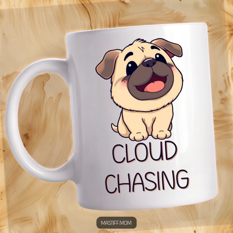 Funny Kawaii Mastiff Panting Looking Up at Sky Mug, cute dog art, happy puppy expression, humorous gift for dog owners.