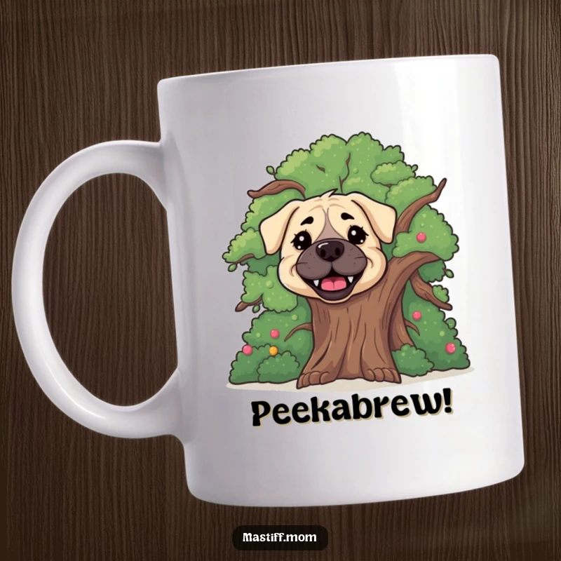 Funny happy Mastiff dog mug, showing a large, gentle dog peeking playfully from behind a cheerful tree.