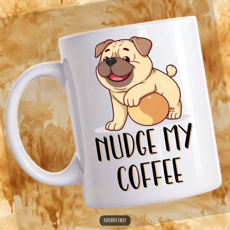 Funny happy Mastiff dog mug, showing a large, gentle dog playfully nudging a rolling ball with its nose.
