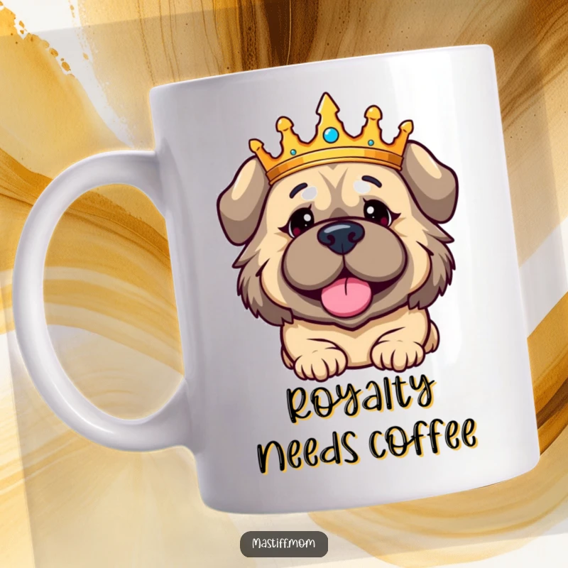 Funny Kawaii Mastiff mug, wearing a golden crown, with a subtly amused expression, exuding regal charm and playful dignity.