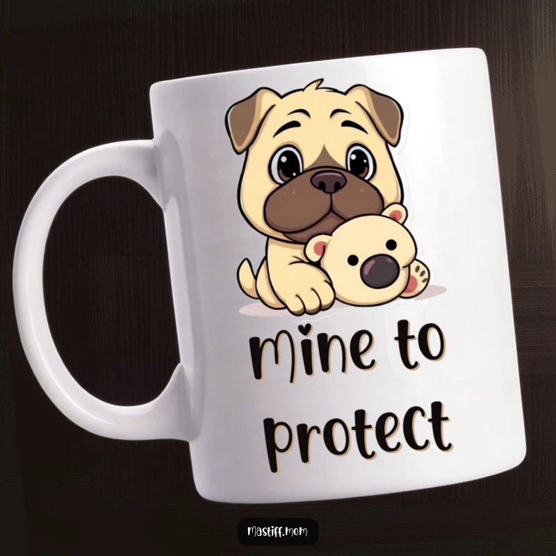 Funny Kawaii Mastiff Watchful Gaze Guarding Plush Toy Mug, cute dog art, loyal protector, humorous gift for dog owners.