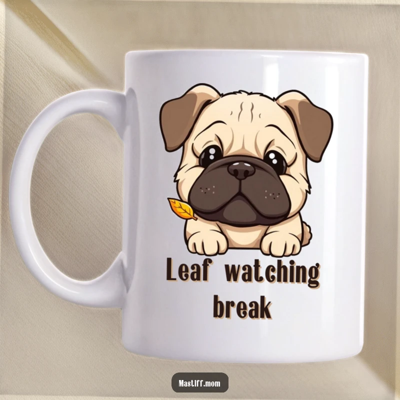 Funny Kawaii Mastiff mug, curious head tilt, watching a falling leaf, embodying gentle curiosity and autumnal charm.