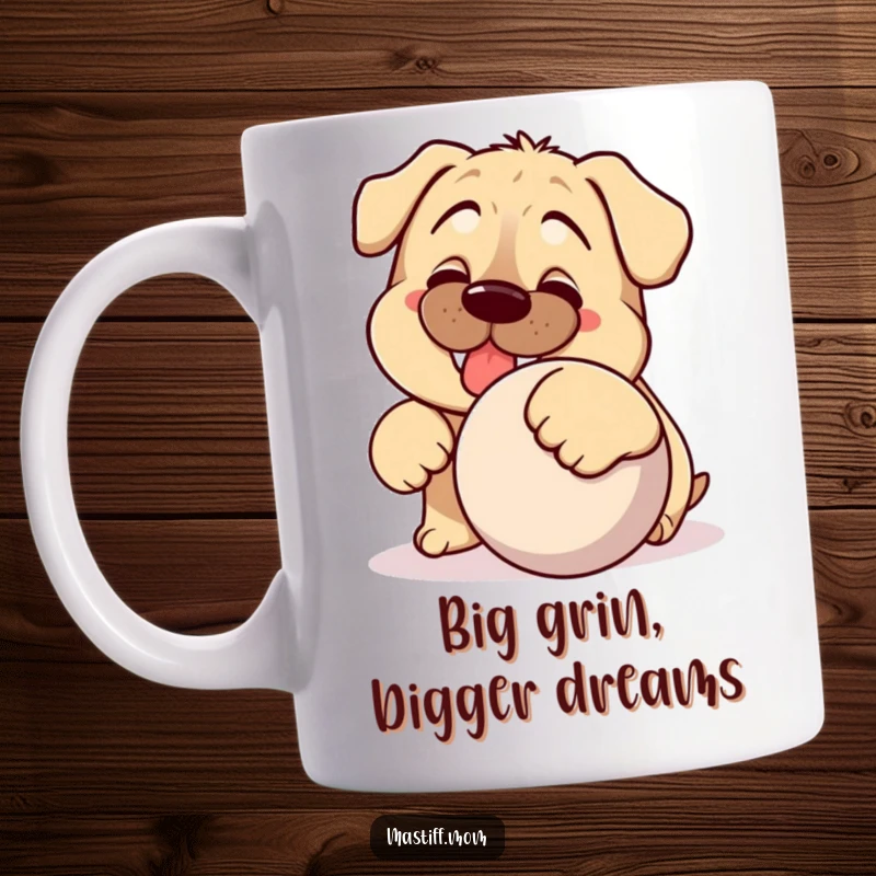 Funny Kawaii Mastiff mug, silly dog gleefully nudging a big ball, perfect for dog lovers and playful souls.
