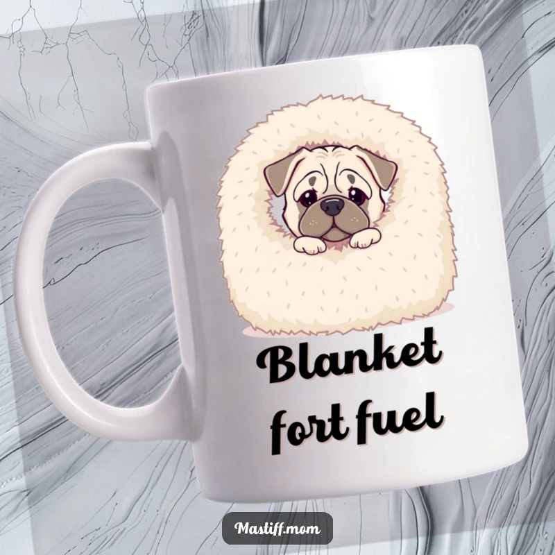 Funny Kawaii Mastiff mug showing a cute dog inquisitively peeking from behind a giant, fluffy blanket, inviting a game of hide-and-seek.