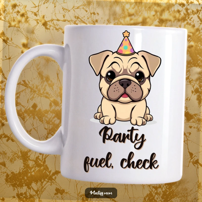 Funny Kawaii Mastiff Puppy Mug showing a sweet puppy wearing a tiny, slightly tilted party hat with a proud grin.