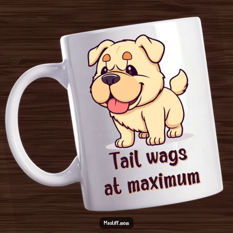 Funny Kawaii Mastiff mug, captured mid-tail wag with immense force, happily panting, embodying pure doggy excitement and joy.