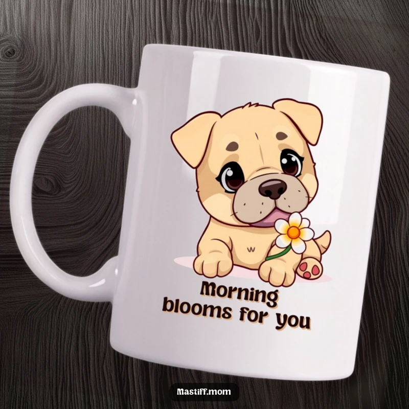 Funny Mastiff mug featuring a playful dog with kind eyes gently offering a single, beautiful flower.