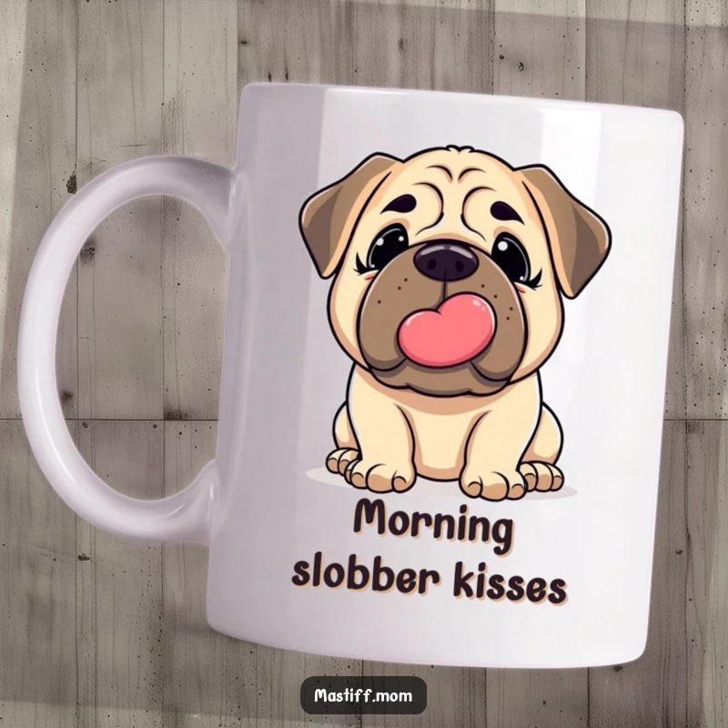 Funny Mastiff Mug: Adorable kawaii Mastiff gently nudges forward, offering a big, slobbery, loving kiss.