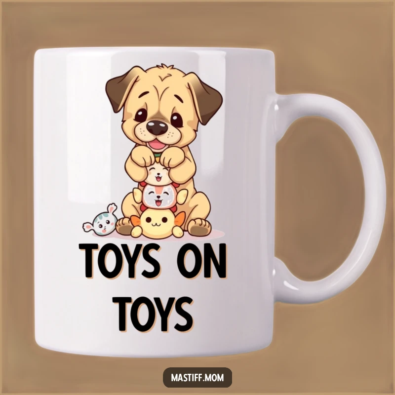 Start your day with a smile from this funny mug featuring a Mastiff pup balancing squeaky toys. A playful surprise to brighten your mood.