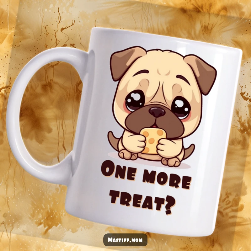 Funny Mastiff Treat Mug, showing a kawaii mastiff with large, pleading eyes, holding one treat, irresistible and adorable.