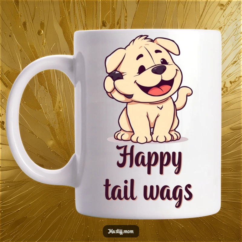 Funny kawaii Mastiff mug with a beaming smile and a powerful tail wag, radiating infectious happiness for dog enthusiasts.