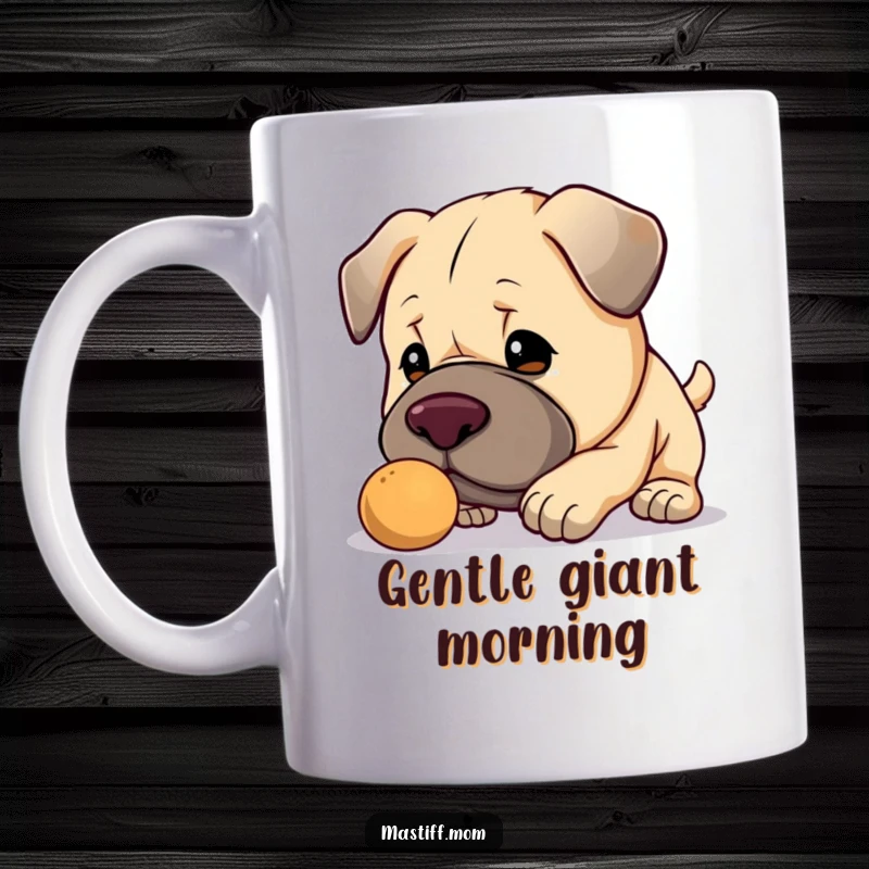 Funny Kawaii Mastiff mug, a cute big dog gently nudging a small object with its large nose, full of tenderness.