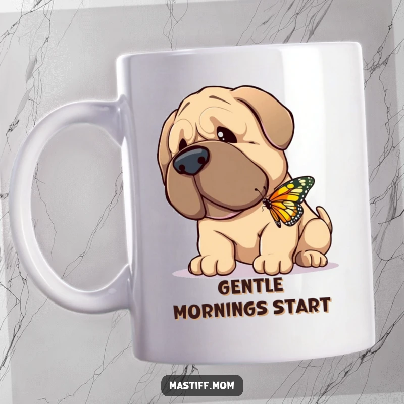 Funny Mug showing a giant, gentle Mastiff happily nuzzling a tiny, fluttering butterfly with immense tenderness and care.