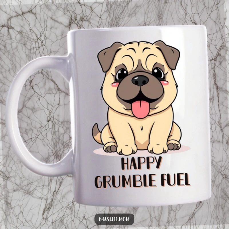 Funny Mastiff Grumble Mug, showing a kawaii mastiff with a soft, happy grumble, radiating contentment and joy, perfect for dog lovers.