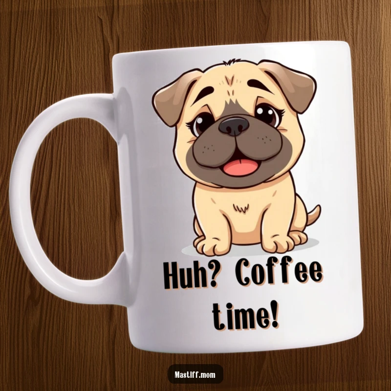 Funny kawaii Mastiff mug with a cute, slightly bewildered but happy expression, embodying adorable confusion for dog lovers.