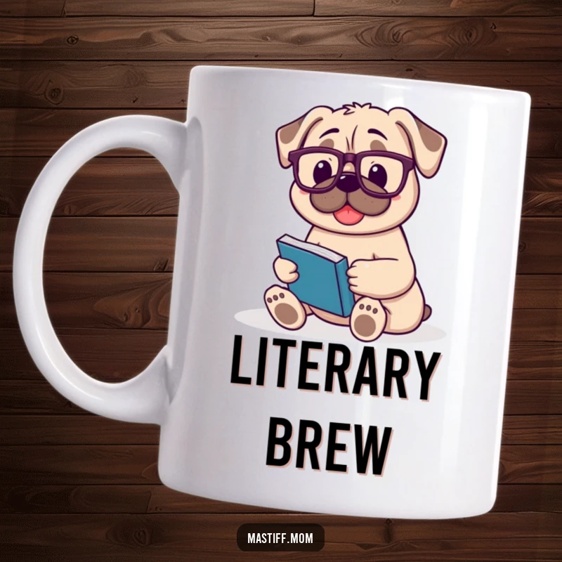 Funny Mastiff mug showing a happy dog sitting contentedly wearing reading glasses and holding a book.