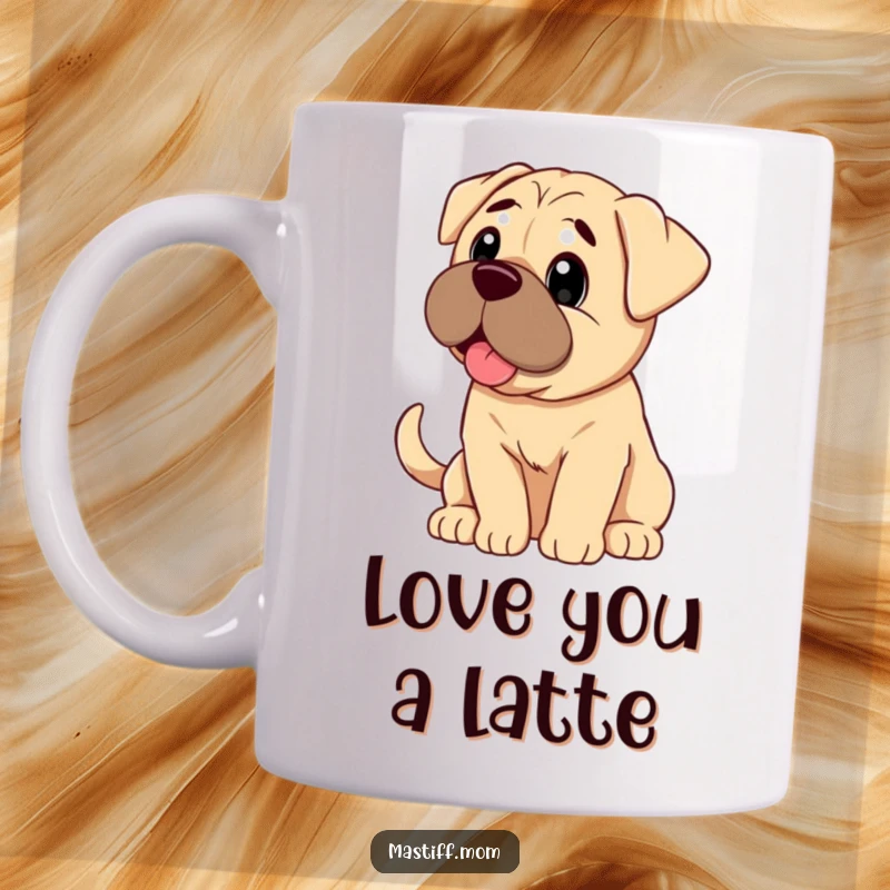 Funny Mastiff dog looking with pure adoration and a wagging tail, depicted on a ceramic mug.