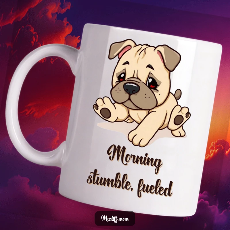 Funny Kawaii Mastiff Puppy Mug depicting a cute, clumsy dog tripping over its paws, ideal for dog lovers.