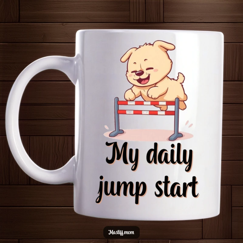 Funny Kawaii Mastiff mug, mid-clumsy joyous leap over a small hurdle, embodying effort and adorable lack of grace.
