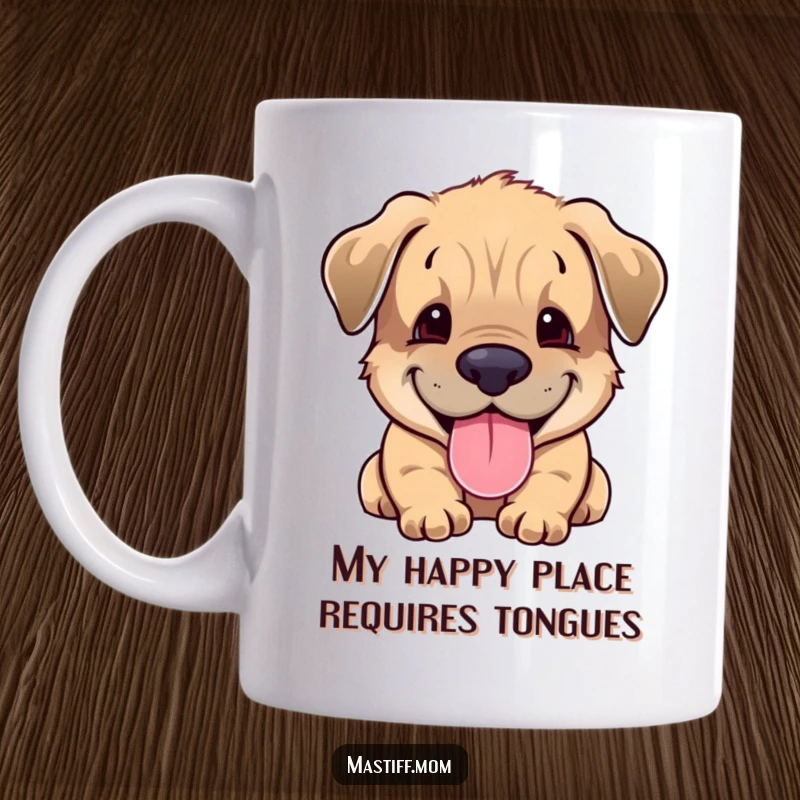 Funny Mastiff cub mug showing a gentle, happy puppy panting with a big smile, perfect for dog moms and dads.