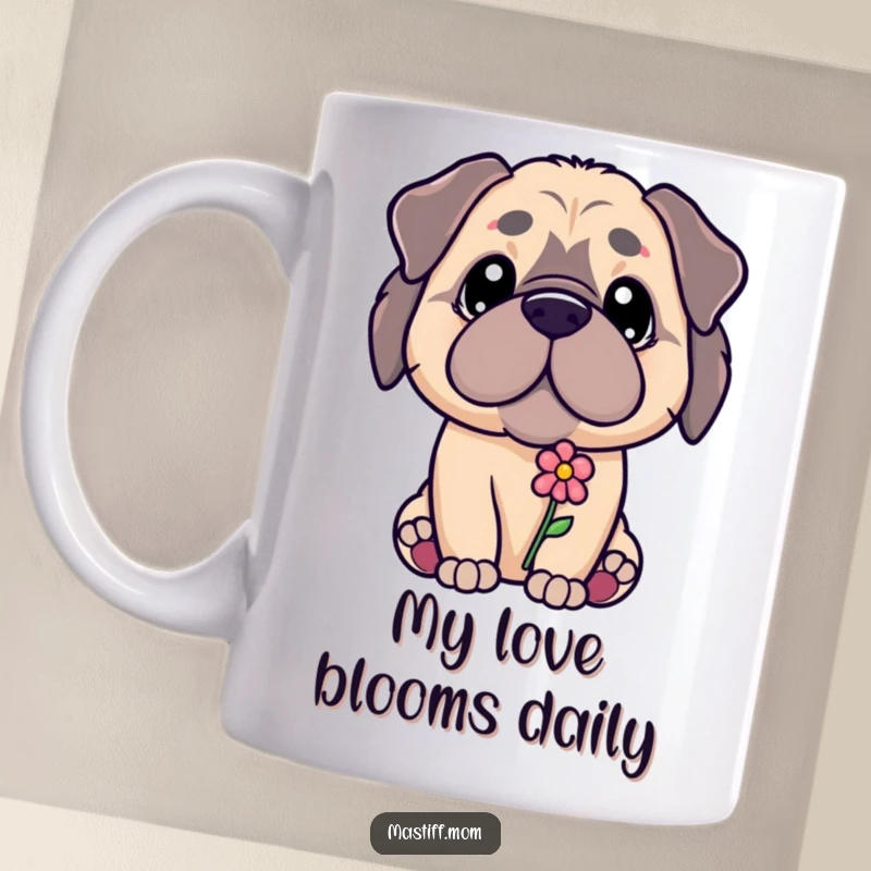 Funny Kawaii Mastiff puppy with a gentle gaze, offering a tiny flower, a heartwarming funny gift.