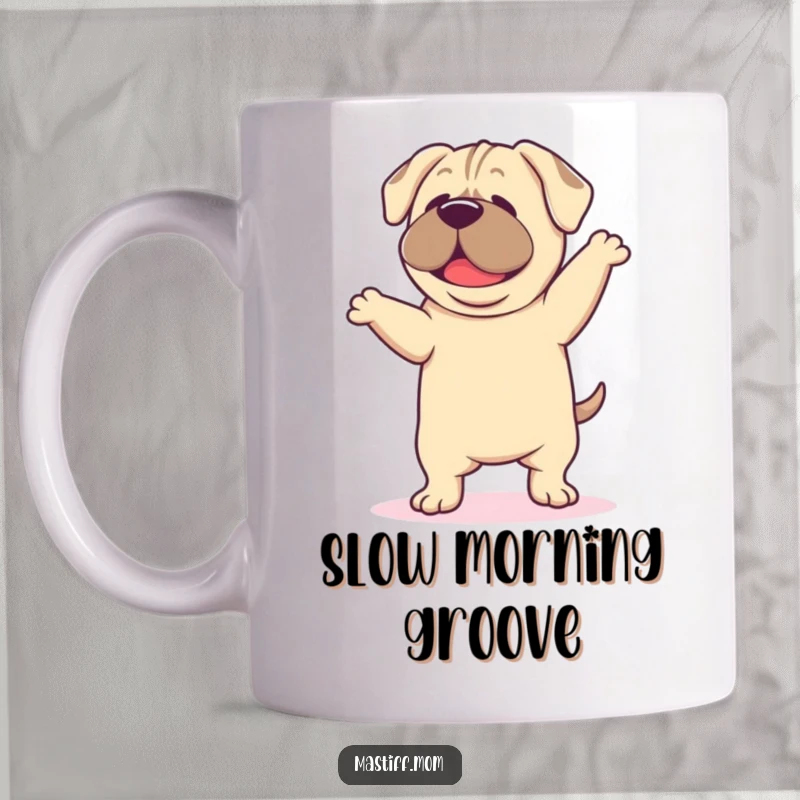 Funny Mastiff Dance Mug, depicting a kawaii mastiff doing a happy dance with droopy ears, radiating sheer bliss and silliness.
