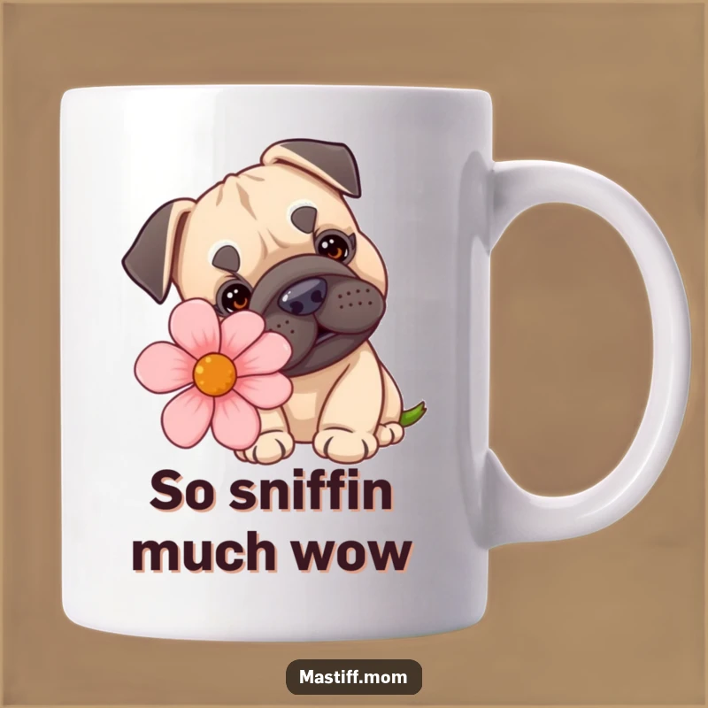 Funny Kawaii Mastiff Sniffing Giant Flower Mug - Adorable Dog Lover Gift