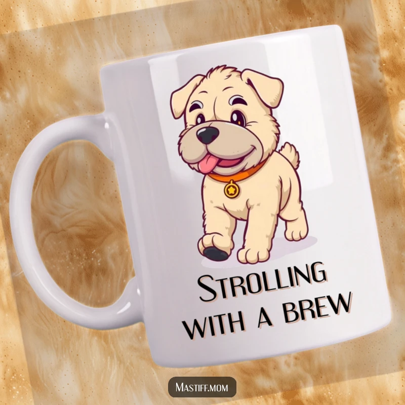 Funny kawaii Mastiff dog mug, depicting a large, cute dog walking with a funny, dignified posture.